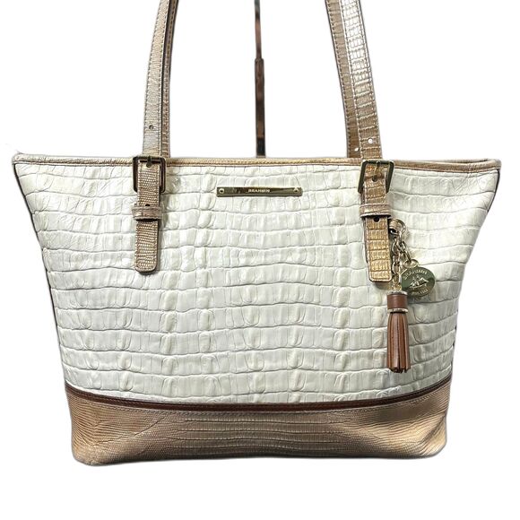 Brahmin Womens Asher Melbourne Croc Embossed Tote Medium Ivory & Gold - Picture 1 of 12